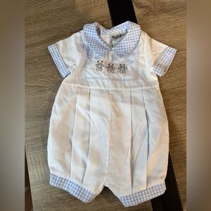 Vintage Alexis Blue and White Baby Romper with Bear Design